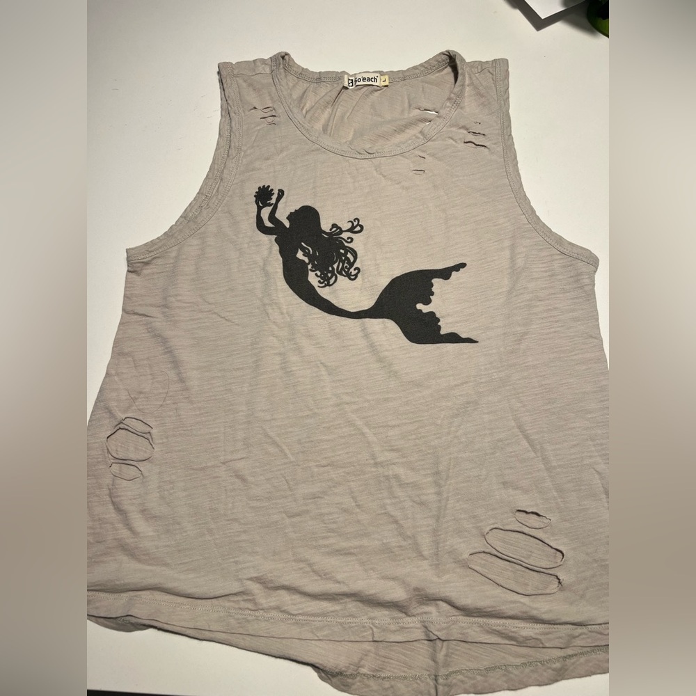 Distressed Beige Tank Top with Mermaid Print
